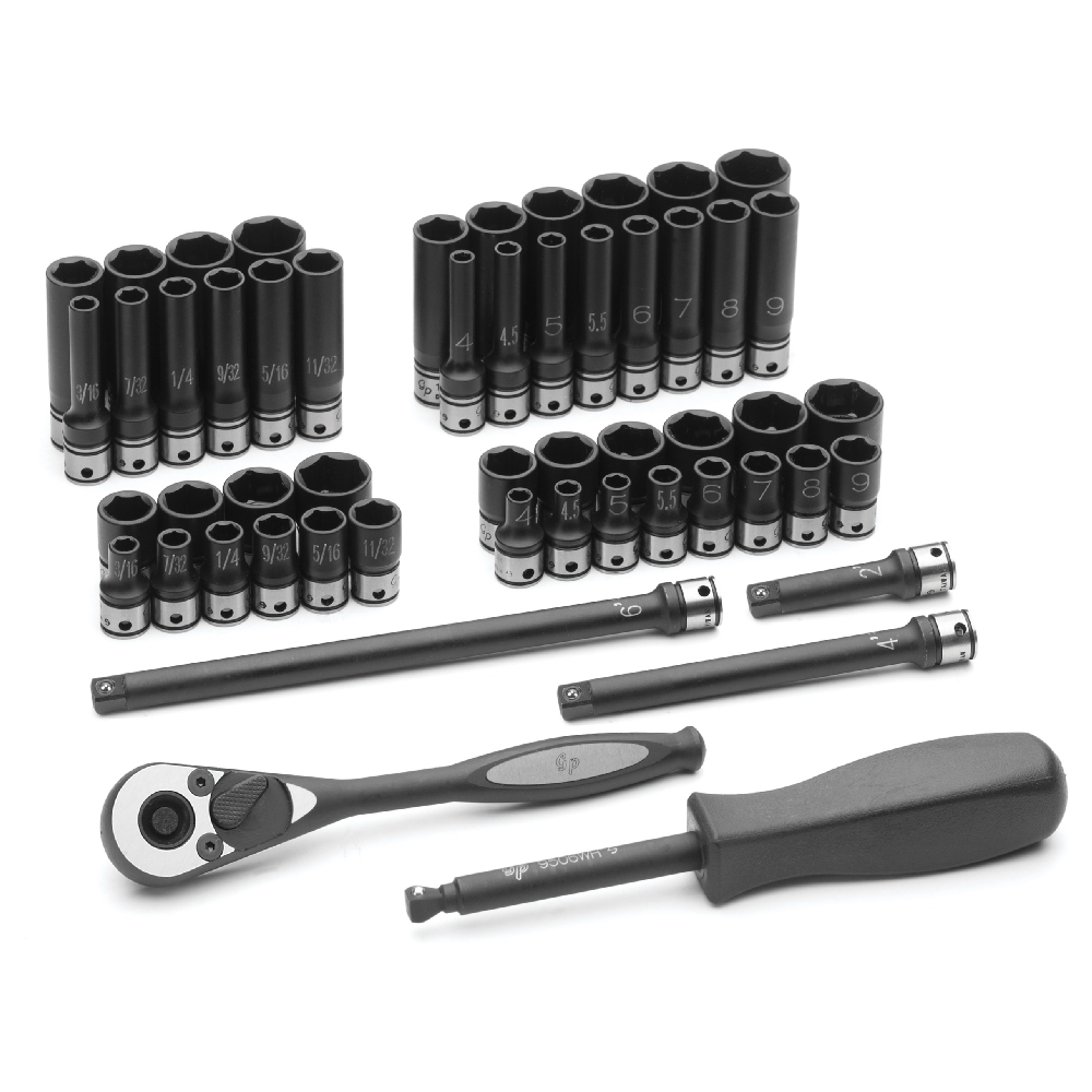 Grey Pneumatic 3/8 & 1/2 Drive 6-Point Deep Impact Socket Set - Metric & SAE Combo